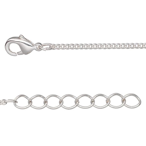Chain, silver-plated brass, 1.5mm curb, 24 inches with 1-1/4 inch extender chain and lobster claw clasp. Sold per pkg of 2. image number 0