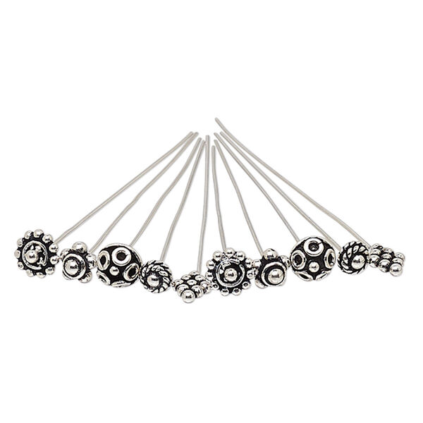 Head pin mix, antiqued sterling silver, 2 inches with assorted shape, 22 gauge. Sold per pkg of 10. image number 0