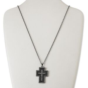 Necklace, glass rhinestone with gunmetal-finished "pewter" (zinc-based alloy) and steel, clear and black, 42x32mm cross, 24 inches with 3-inch extender chain and lobster claw clasp. Sold individually.