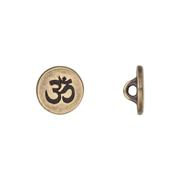 Button, TierraCast®, antique brass-plated pewter (tin-based alloy), 12mm flat round with Om symbol and loop. Sold per pkg of 2. image number 0