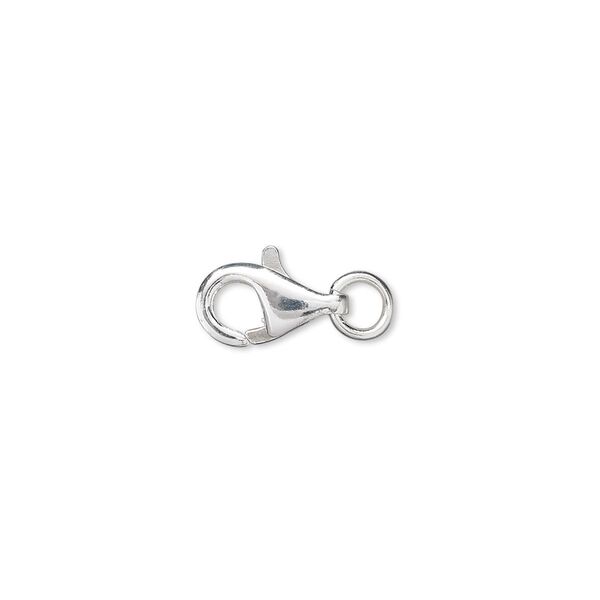 Clasp, lobster claw, silver-plated brass, 9x6mm with open jump ring. Sold per pkg of 10. image number 0
