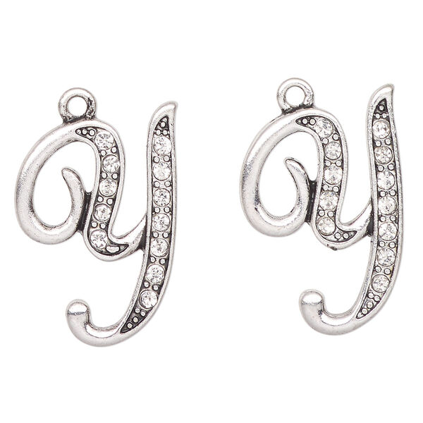Charm, antique silver-finished "pewter" (zinc-based alloy) and glass, clear, 25x19mm letter "Y". Sold per pkg of 2. image number 0
