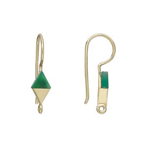 Ear wire fishhook 1pkg2 sterling silver / green onyx, 24mm / 10x6mm hand-cut diamond / closed loop, 19 gauge gold-finished 1 pair