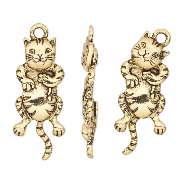 Charm, antique gold-plated pewter (tin-based alloy), 29.5x13mm single-sided cat with moving head and tail. Sold individually. image number 0