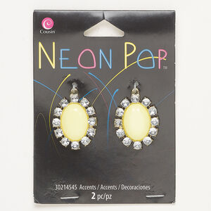 Drop 1pkg2, gold-finished brass and acrylic, yellow and clear, 27x22mm fancy oval.