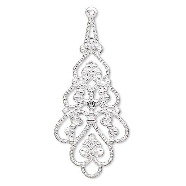 Focal, silver-plated brass, 38x18mm filigree teardrop. Sold per pkg of 10. image number 0
