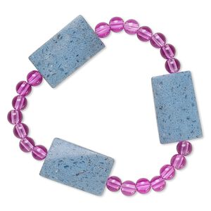 Bracelet, stretch, glass and acrylic, opaque and transparent purple and blue, 5mm round and 25x15mm-26x16mm twisted flat rectangle, 6-1/2 inches. Sold individually.