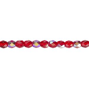 Bead, Czech fire-polished glass, light red AB, 4mm faceted round. Sold per pkg of 1,200 (1 mass).