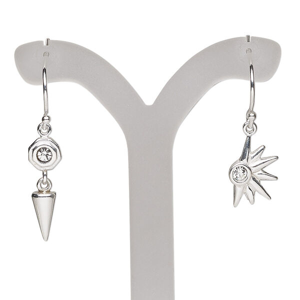 Earring, Create Compliments®, cubic zirconia and sterling silver, clear, 24.5mm fishhook and 30mm round and spike, 21 gauge. Sold per pair. image number 0