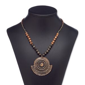 Necklace, copper- / gunmetal-plated steel / antique copper-plated brass / copper- / gunmetal-coated plastic, 63x57mm round, 18 inches with 3-inch extender chain and lobster claw clasp. Sold individually.