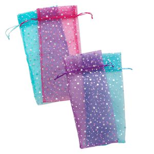 Gift 1pkg6, bottle cover, organza, turquoise blue and purple, 13-1/2 x 6 inches with holographic bubble pattern.