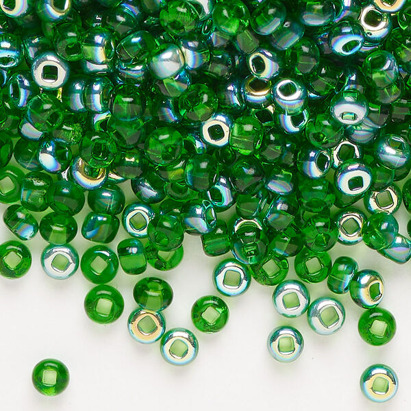 Glass 1pkg1, square hole round seed bead translucent green AB #6 100g image number 0