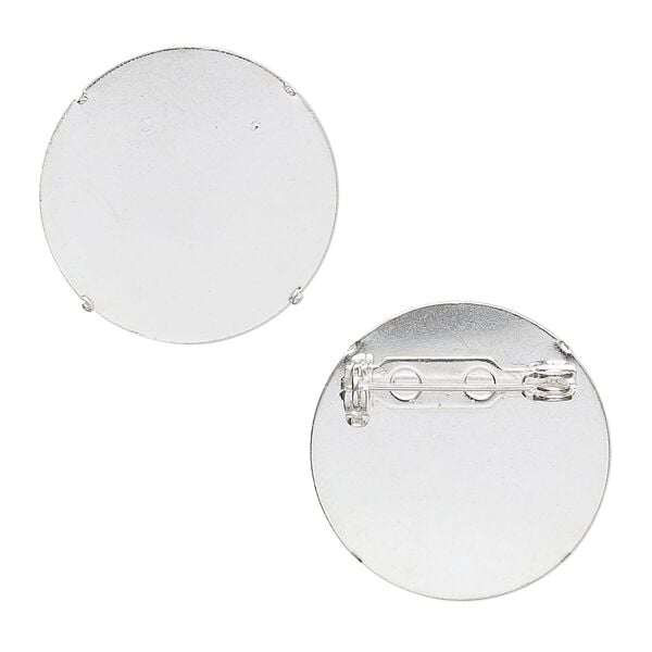 Pin back, silver-plated steel, 26mm 4-prong round flat pad. Sold per pkg of 10. image number 0