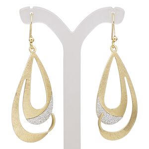 Earring, gold-finished brass and steel, silver with glitter, 2-1/4 inches with scratched open teardrop and fishhook ear wire. Sold per pair.
