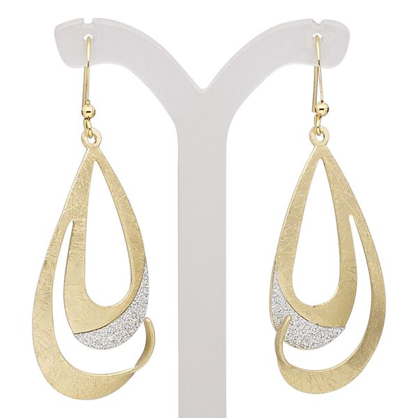 Earring, gold-finished brass and steel, silver with glitter, 2-1/4 inches with scratched open teardrop and fishhook ear wire. Sold per pair. image number 0