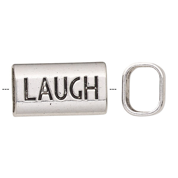 Slide, antique silver-finished "pewter" (zinc-based alloy), 23x13mm single-sided rectangle with "LAUGH" and 11x8mm hole. Sold per pkg of 2. image number 0