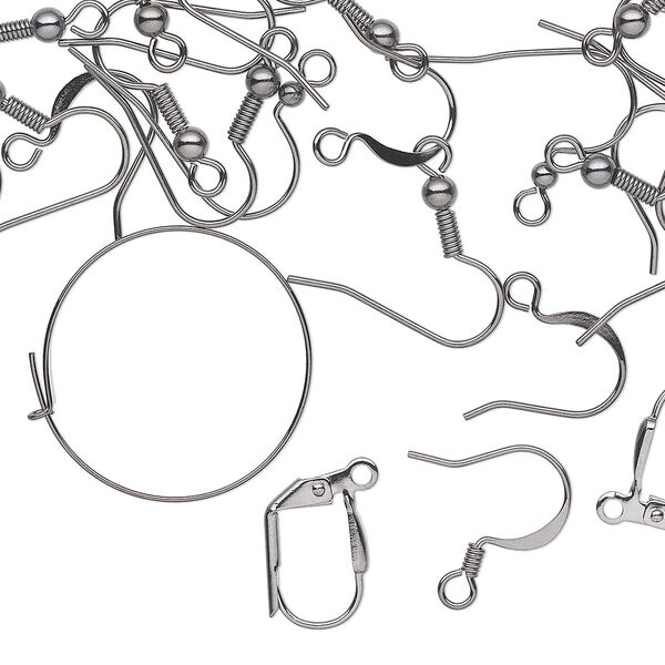 Ear wire mix, gunmetal-plated brass and steel, assorted size and shape. Sold per pkg of 50 pairs. image number 0
