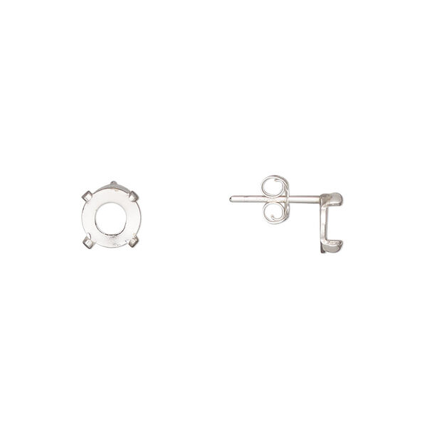 Earstud, Cab-Tite™, sterling silver, 6mm 4-prong round setting. Sold per pair. image number 0