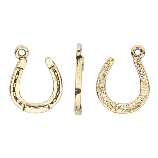 Charm, pewter (tin-based alloy), pkg/1, antique gold plate, 15mm horseshoe. image number 0