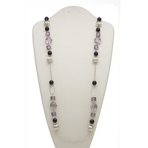 Necklace, acrylic / silver-coated plastic / silver-finished steel, black and grey, 36-inch continuous loop. Sold individually.
