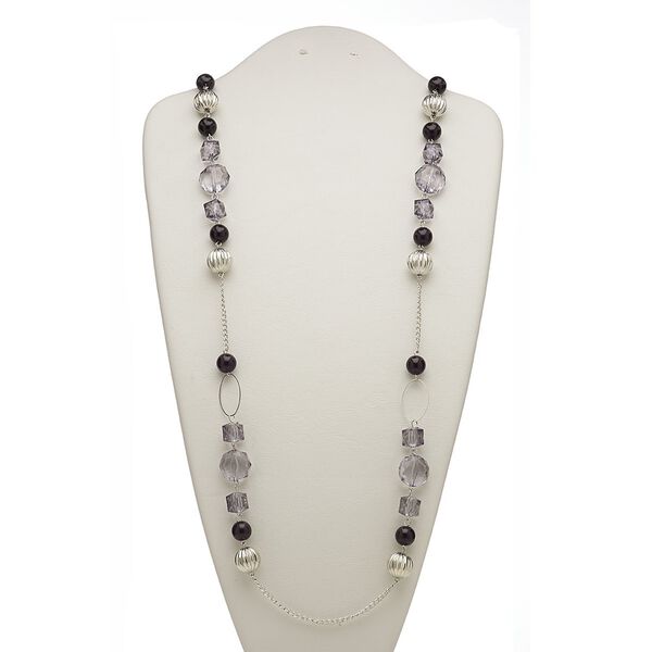 Necklace, acrylic / silver-coated plastic / silver-finished steel, black and grey, 36-inch continuous loop. Sold individually. image number 0