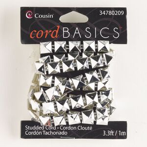 Cord, plastic, silver, 8mm flat with square studs. Sold per pkg of 1 meter.