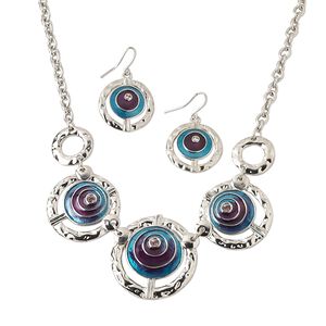 Necklace and earring set, silver-finished "pewter" and brass / glass rhinestone / enamel, teal / purple / pink, 17-34mm graduated textured round with cutout design, 18-inch necklace with lobster claw clasp and 1-3/8 inch earring with fishhook ear wire. Sold per set.