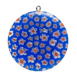 Focal 1pkg1 millefiori glass and silver-finished steel, translucent cobalt blue / white / red, 34-35mm puffed flat round.
