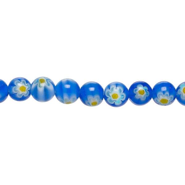 Bead, millefiori glass 1pkg1, translucent blue / orange-yellow / white, 6mm round, 15 inches. image number 0