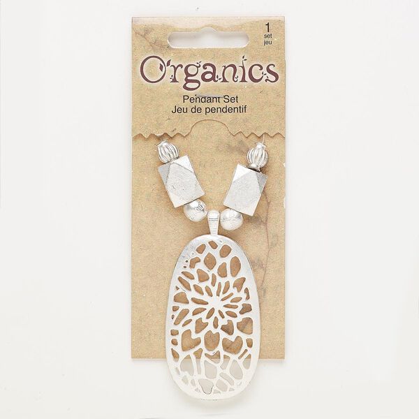 Focal and bead, silver-finished "pewter" (zinc-based alloy), 8mm-52x30mm matte assorted shape. Sold per 7-piece set. image number 0