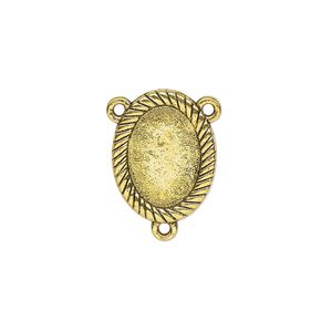 Connector, antique gold-finished "pewter" (zinc-based alloy), 17.5x14mm double-sided oval rosary with rope design and 13.5x9.5mm non-calibrated oval cabochon glue-in setting. Sold per pkg of 4.