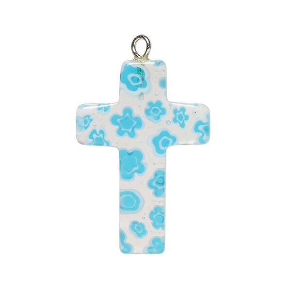 Focal, millefiori glass and silver-finished steel 1pkg1, transparent clear / translucent light blue / white, 32x20mm-36x21mm cross. image number 0