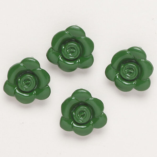Charm, "pewter" (zinc-based alloy) and enamel, dark green, 13-14mm flower with hidden loop. Sold per pkg of 4. image number 0