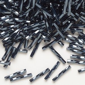 Bead, Miyuki, bugle bead, glass, pkg/250 g, 12x2mm center-drilled twisted, metallic opaque black (TW-451).