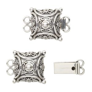 Clasp tab 1pkg1 sterling silver, 15mm filigree square, antiqued 2-strand