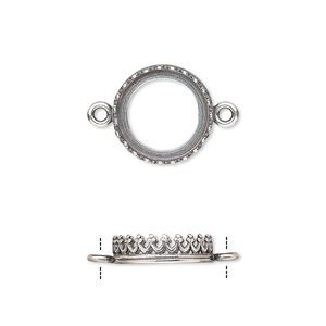 Link, JBB Findings, antique silver-plated brass, 13.5mm round with open back and decorative trim, 12mm round bezel setting. Sold per pkg of 2.