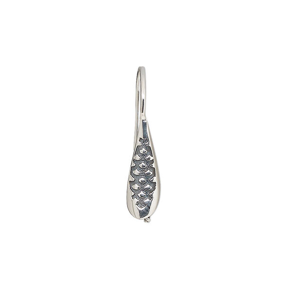 Ear wire, antiqued sterling silver, 22mm fishhook with cone and scale design with 3mm peg, fits 6mm half-drilled bead, 20 gauge. Sold per pair. image number 0