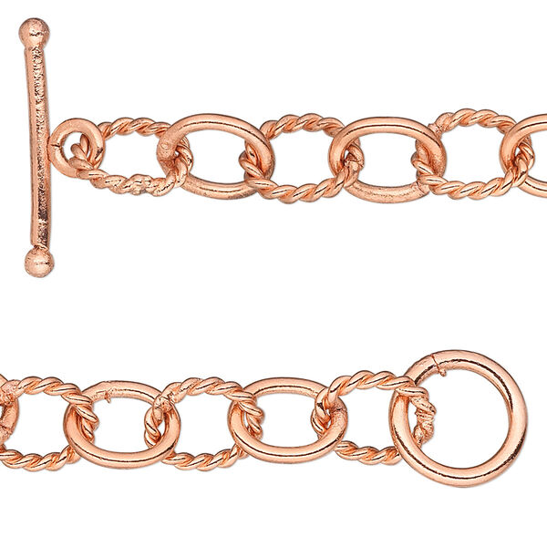 Chain, copper-plated copper, 6mm twisted oval cable, 7 inches with toggle clasp. Sold individually. image number 0
