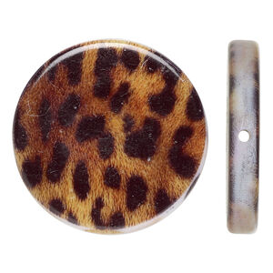 Bead, acrylic, black/brown/white, 32mm double-sided flat round with leopard pattern. Sold per pkg of 6.