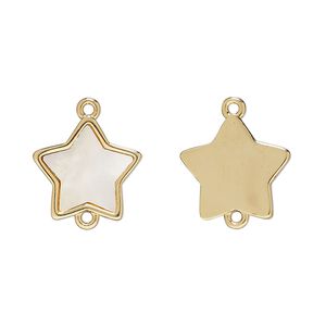Link 1pkg2 gold-finished brass / mother-of-pearl shell (bleached), white, 14mm star.