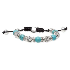 Bracelet, magnesite (dyed / stabilized) / glass rhinestone / nylon / polymer clay / silver-plated steel / "pewter" (zinc-based alloy), multicolored, 10mm wide with round, adjustable from 6-9 inches with macramé knot closure. Sold individually.