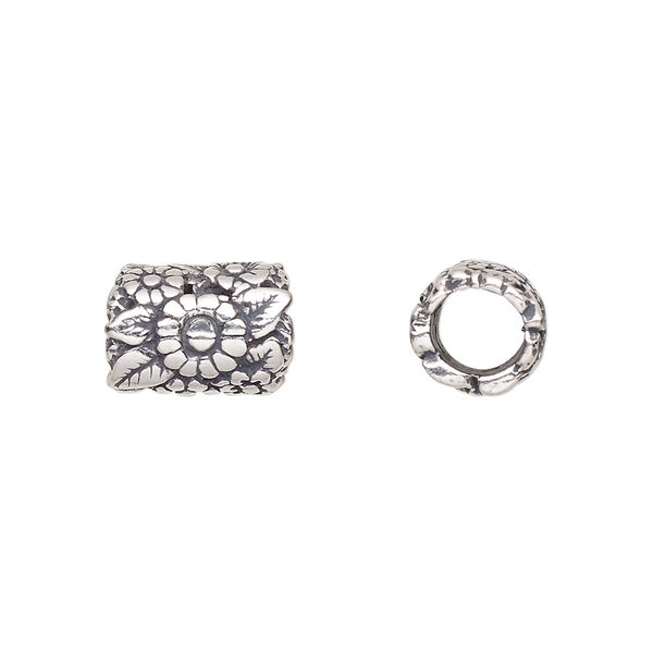Bead, antiqued sterling silver, 12x9mm floral tube. Sold individually. image number 0