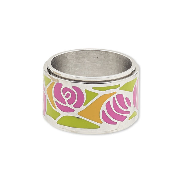 Ring, Avant-Garde Jewelry Collection, enamel and imitation rhodium-plated brass, green / pink / orange, 14mm wide with rose design, size 8-1/2. Sold individually. image number 0