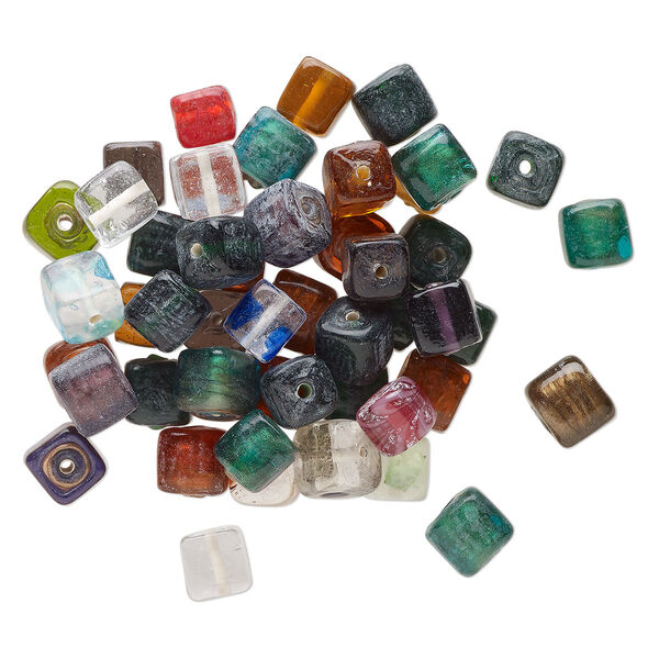 Bead mix, lampworked glass, opaque to transparent mixed colors, 9-11mm cube. Sold per 4-ounce pkg, approximately 50 beads. image number 0
