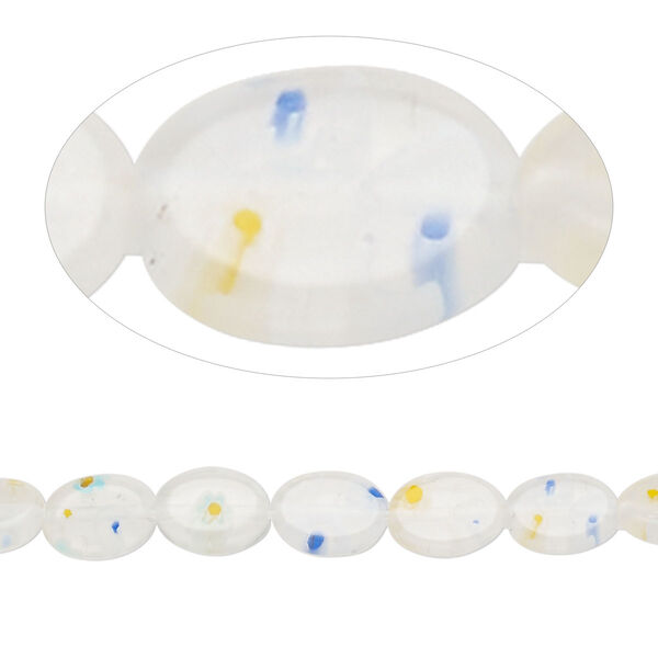 Bead, millefiori glass, translucent clear and multicolored, 8x6mm flat oval with flower design. Sold per 14-inch strand. image number 0
