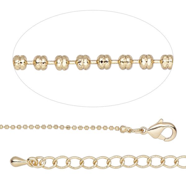 Chain, gold-finished brass, 1.2mm corrugated ball, 18 inches with 2-inch extender chain and lobster claw clasp. Sold individually. image number 0