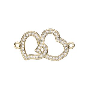 Link, cubic zirconia and gold-finished brass, clear, 20.5x13mm single-sided open double heart. Sold individually.