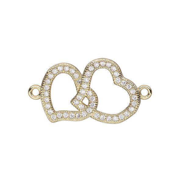 Link, cubic zirconia and gold-finished brass, clear, 20.5x13mm single-sided open double heart. Sold individually. image number 0