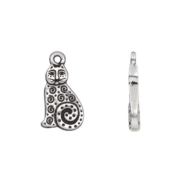 Charm, TierraCast®, antique silver-plated pewter (tin-based alloy), 16x10mm double-sided cat with swirls and dots. Sold per pkg of 20. image number 0