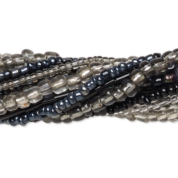 Bead mix, seed bead and bugle bead, glass, pkg/(10)14 inch, 6/0 center-drilled round, mixed mixed colors. image number 0